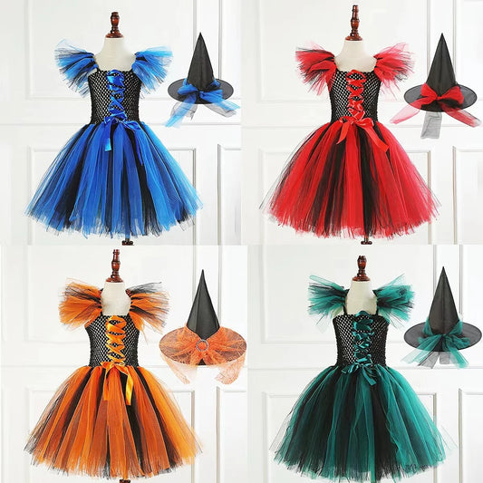 Halloween Girl New Witch Dress Cosplay Costume Tulle Tutu Dress Vestidos Dress Up Carnival Party Dress Deliver Witch Hat