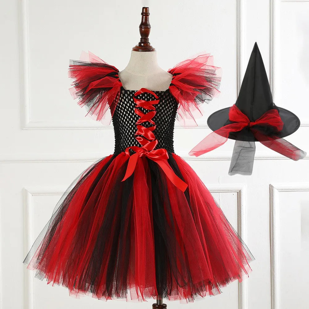 Halloween Girl New Witch Dress Cosplay Costume Tulle Tutu Dress Vestidos Dress Up Carnival Party Dress Deliver Witch Hat