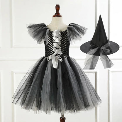 Halloween Girl New Witch Dress Cosplay Costume Tulle Tutu Dress Vestidos Dress Up Carnival Party Dress Deliver Witch Hat