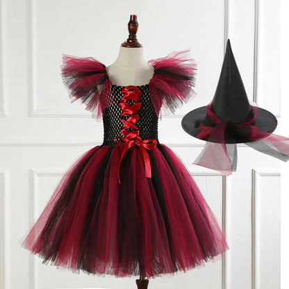 Halloween Girl New Witch Dress Cosplay Costume Tulle Tutu Dress Vestidos Dress Up Carnival Party Dress Deliver Witch Hat