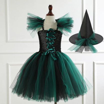 Halloween Girl New Witch Dress Cosplay Costume Tulle Tutu Dress Vestidos Dress Up Carnival Party Dress Deliver Witch Hat