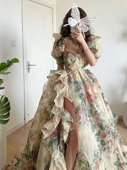 Spring Princess Elegant Dress Women Puff Sleeve Print Y2k Evening Party Dress Female France Vintage Chic Irregular Clothes