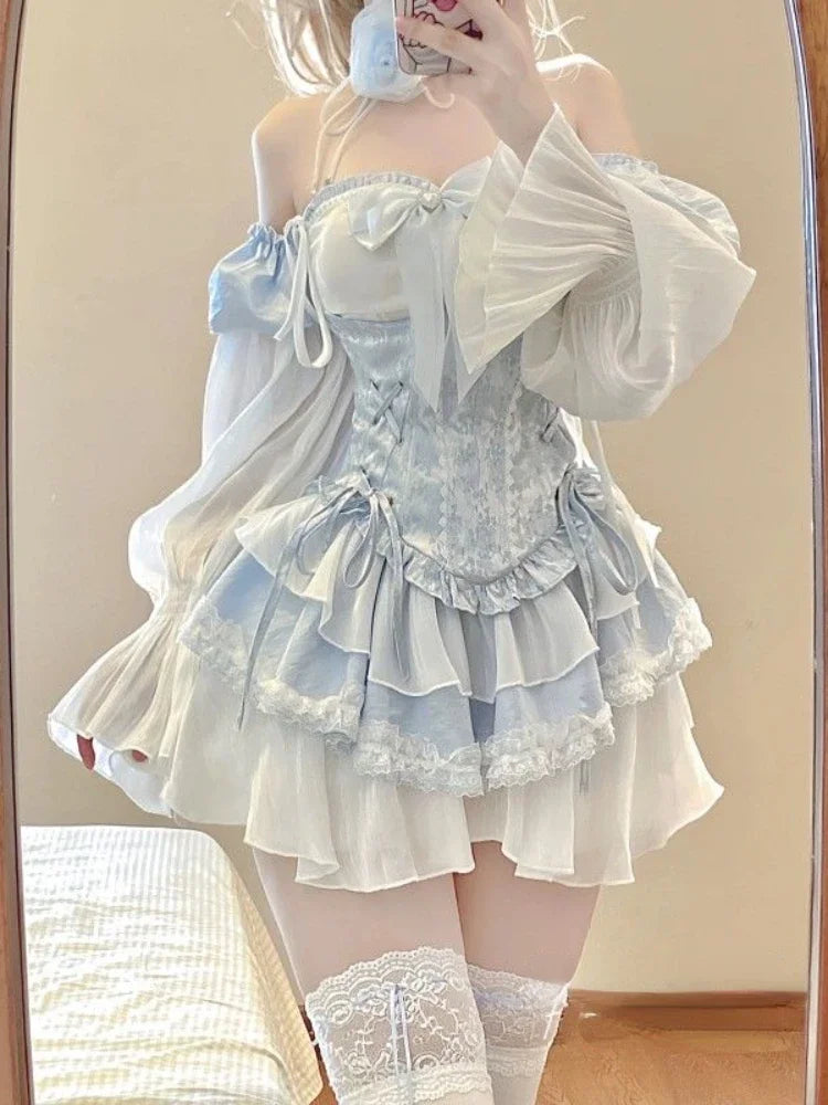 Summer Blue Lolita Clothing Suit Slim Vest + Kawaii Y2k Mini Dress Elegant Short Party Dress Japanese Style Fashion Suit