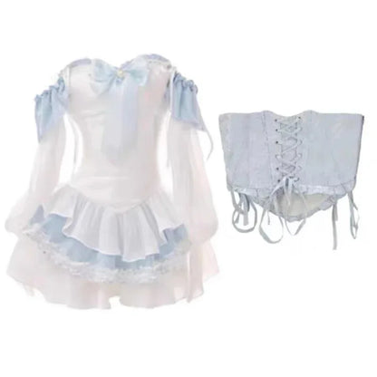 Summer Blue Lolita Clothing Suit Slim Vest + Kawaii Y2k Mini Dress Elegant Short Party Dress Japanese Style Fashion Suit