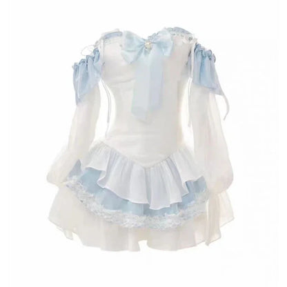 Summer Blue Lolita Clothing Suit Slim Vest + Kawaii Y2k Mini Dress Elegant Short Party Dress Japanese Style Fashion Suit