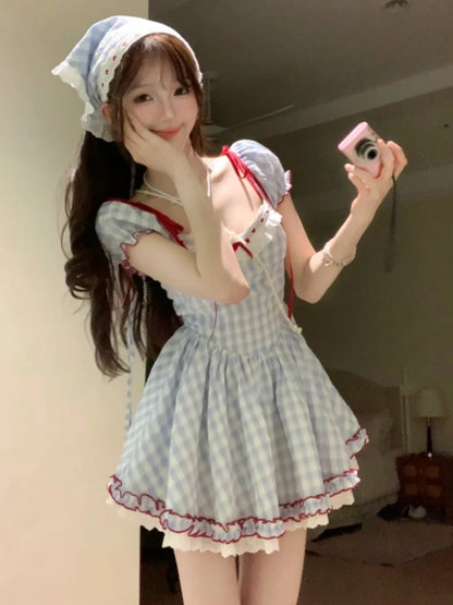 Summer Sweet Blue Plaid Dress Woman Kawaii Lolita Y2k Mini Dress Party Casual One Piece Dress Korean Fashion Hot Girls