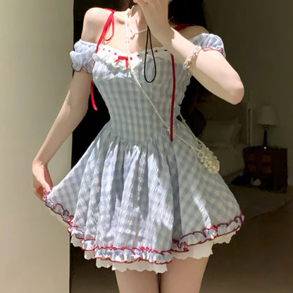 Summer Sweet Blue Plaid Dress Woman Kawaii Lolita Y2k Mini Dress Party Casual One Piece Dress Korean Fashion Hot Girls