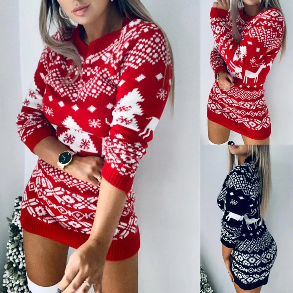 Winter Knitted Women'S Sweater Dress Christmas Solid Dresses Female Elegant Thicken Warm New Year Christmas Clothes Sweater