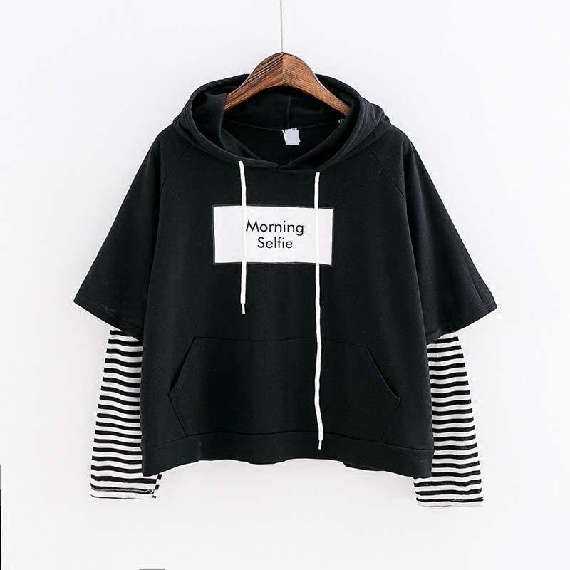 Fake Two-piece Tee Stripe Letter Print Morning Selfie Hoodie