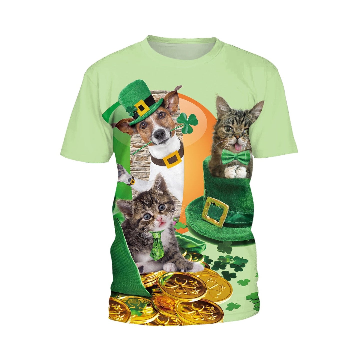 Irish St Patrick Day T-shirt Green Clover Animal Cat Adults Cotton Casual O-neck Tops