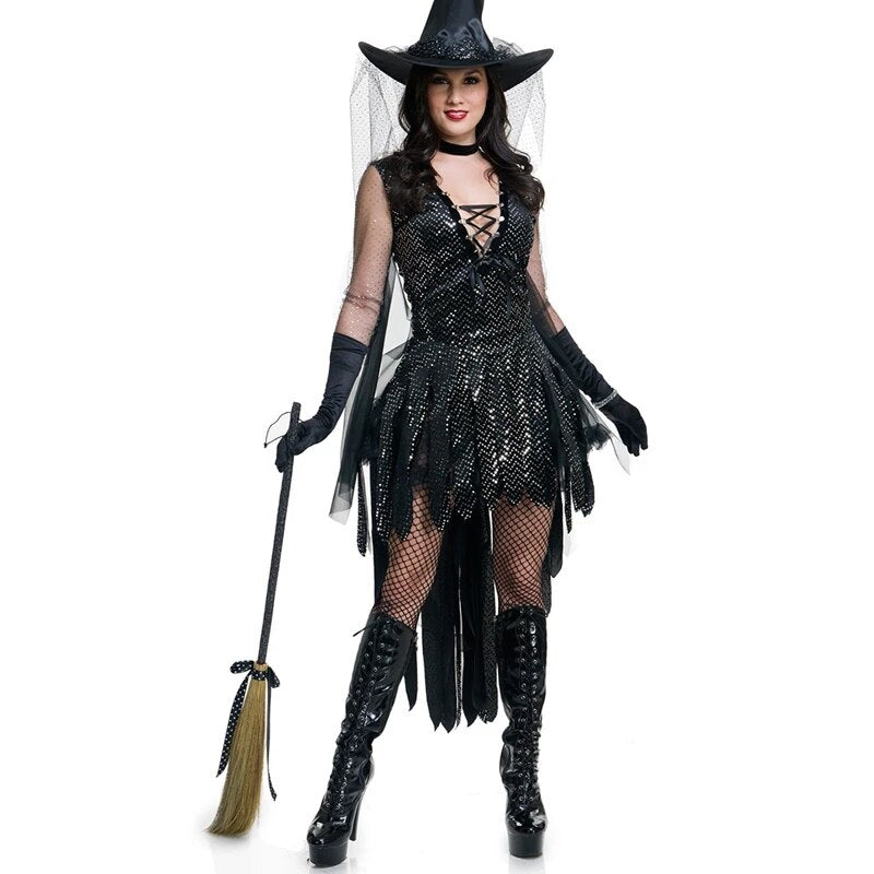 Halloween Ladies Sequins Queen Shining Witch Devil Costume Adult Women Book Day Wicked Sorceress Dresses