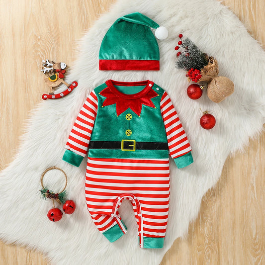 2Pcs Christmas Baby unisex Jumpsuit Newborn Cute  Striped Clothes Autumn Winter Boys Girls Round Neck Long Sleeve Bodysuit+Hat