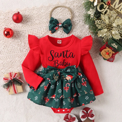 2pcs Baby Girls Christmas Patchwork Romper Dress Long Sleeve Letter Santa Hat Print Romper with Bow Headband Cute Wnter Clothes