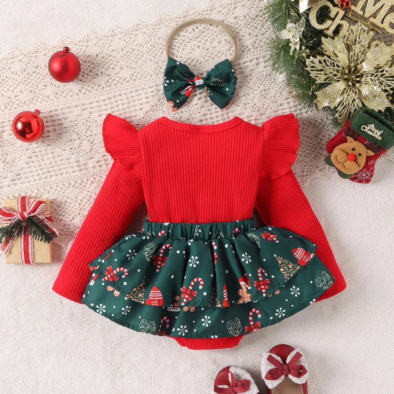 2pcs Baby Girls Christmas Patchwork Romper Dress Long Sleeve Letter Santa Hat Print Romper with Bow Headband Cute Wnter Clothes