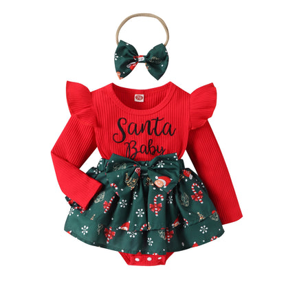 2pcs Baby Girls Christmas Patchwork Romper Dress Long Sleeve Letter Santa Hat Print Romper with Bow Headband Cute Wnter Clothes