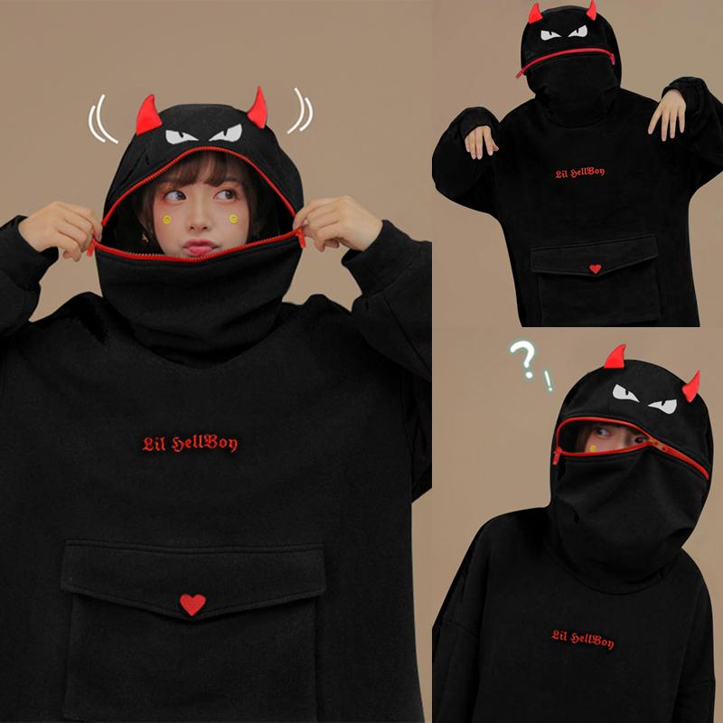 Demon Zipper Pocket Oversized Hoodie LIL HELLBOY Letter Embroidery