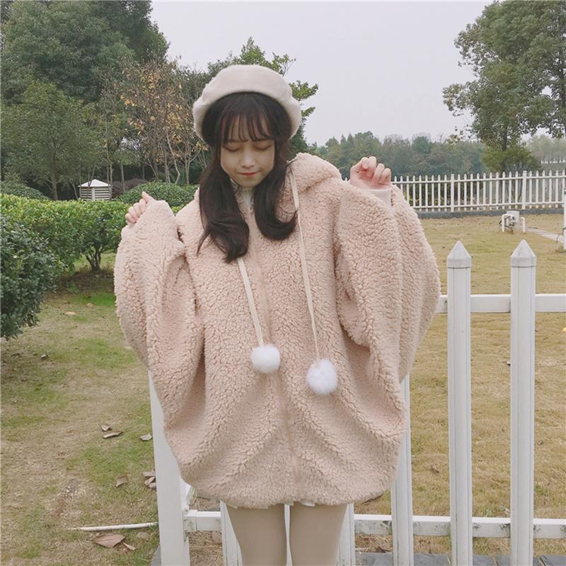 Kawaii Bunny Ears Hoodie Coat - Plush Hooded with Rabbit Ears