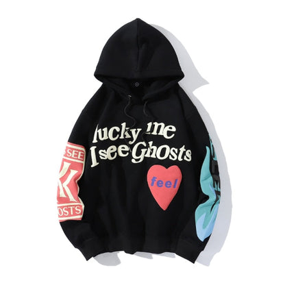 Harajuku Weirdo Graffiti Letter Printed Hoodies Men Lucky Me I See Ghosts Men Hooded Sweatshirt Fleece Pullover Streetwear