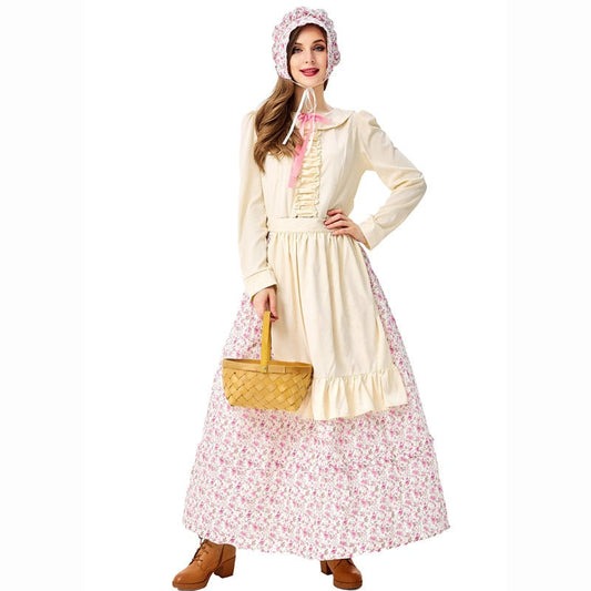 Adult Women Prairie Pioneer Woman Costume Colonial Dress Floral Halloween Purim Carnival Party Cook Maid Costumes