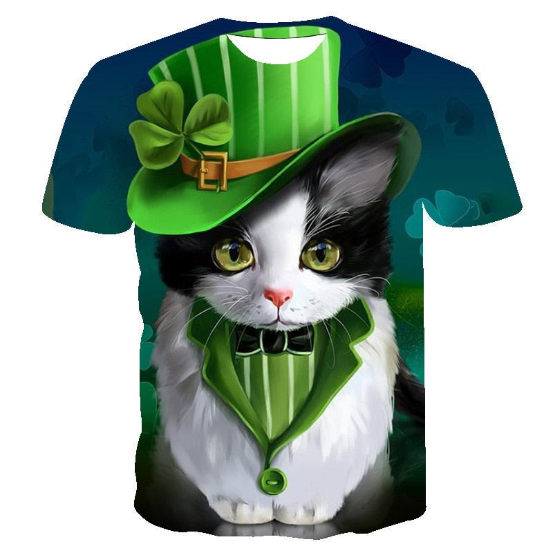 Irish St Patrick Day T-shirt Green Clover Animal Cat Adults Cotton Casual O-neck Tops