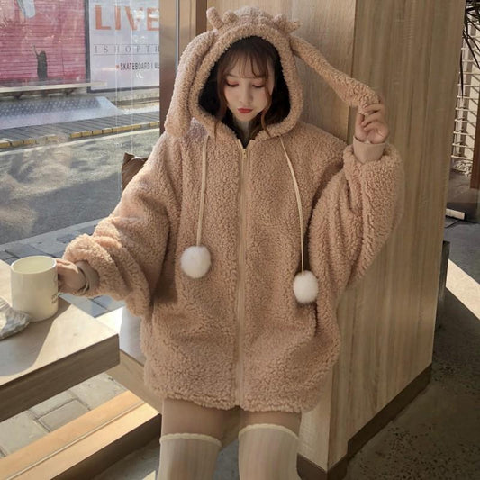 Kawaii Bunny Ears Hoodie Coat - Plush Hooded with Rabbit Ears