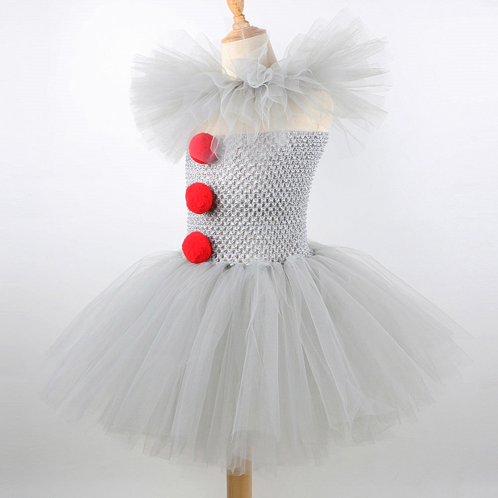 Gray Clown Tutu Dress for Girls Carnival Halloween Costume for Kids Girl Joker Cosplay Tulle Outfit Children Party Scary Clothes