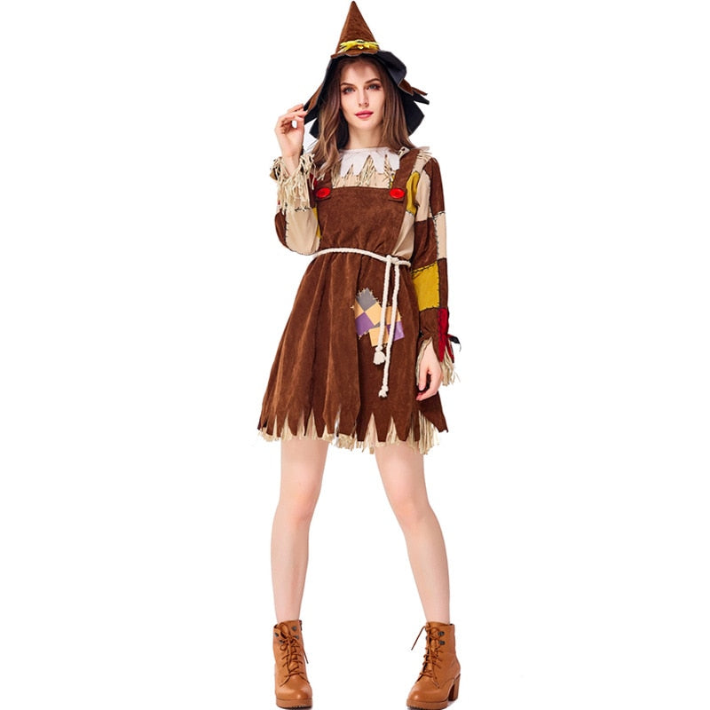 Adult Women Scarecrow Cosplay Costume Fantasia Halloween Purim Carnival Mardi Gras Costumes Dress