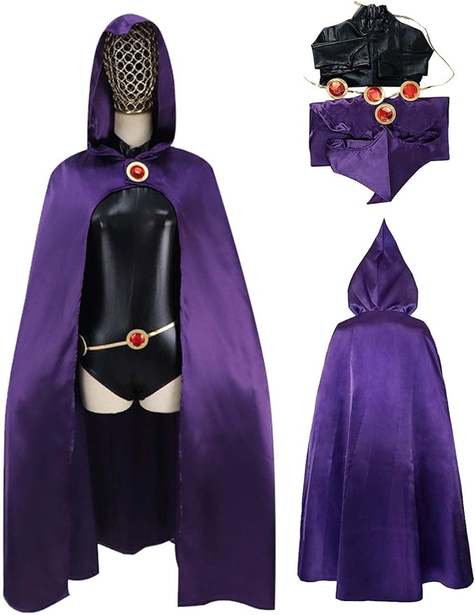 TeenTitans-Raven Cosplay Costume,Deluxe Jumpsuit Belt With Purple Cloak Halloween Uniform Cosplay Costume For Women