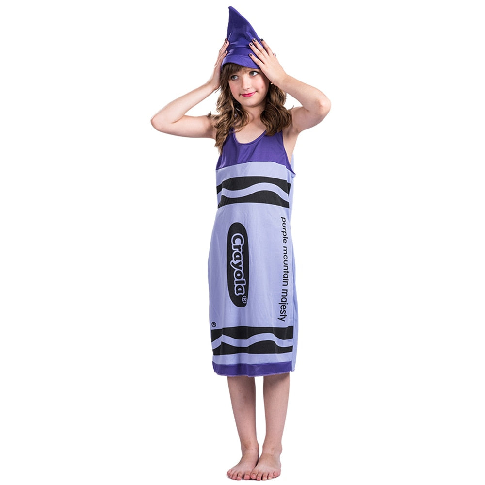 Funny Girls Crayon Cosplay Dresses with Hat Children Halloween Anime Costume Carnival Easter Purim Dress