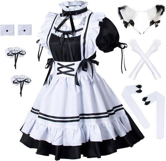 Anime French Maid Apron Lolita Fancy Dress Cosplay Costume Furry Cat Ear Gloves Socks Set