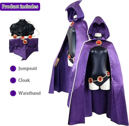 TeenTitans-Raven Cosplay Costume,Deluxe Jumpsuit Belt With Purple Cloak Halloween Uniform Cosplay Costume For Women