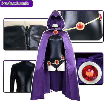 TeenTitans-Raven Cosplay Costume,Deluxe Jumpsuit Belt With Purple Cloak Halloween Uniform Cosplay Costume For Women