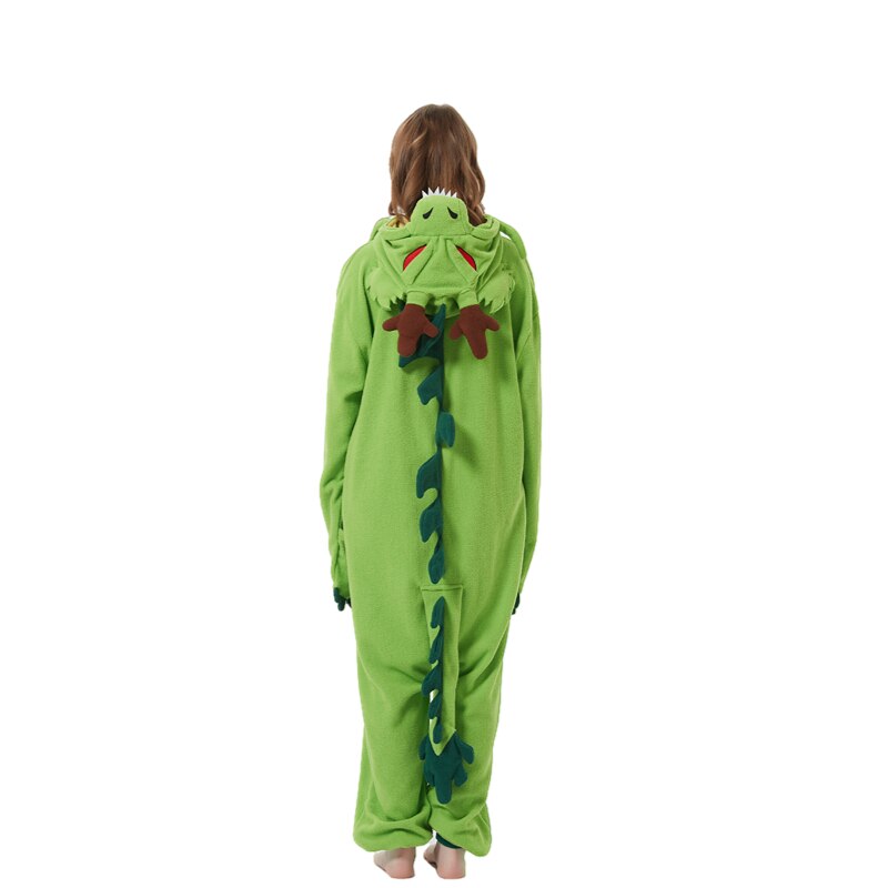 Green Funny Cartoon Sleepwear Flannel Women Pajamas Set Dinosaur Adult Kigurumi Onesie Animal Cosplay Dragon Unisex Men Onepiece
