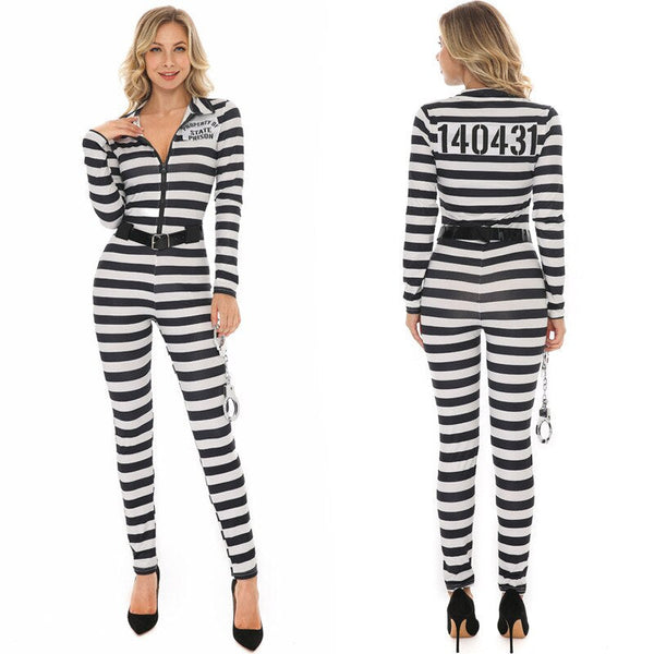 Adult Women Convict Prisoner Costume Cosplay Outfit Stripes Jumpsuit Tights Fantasia Halloween 7939