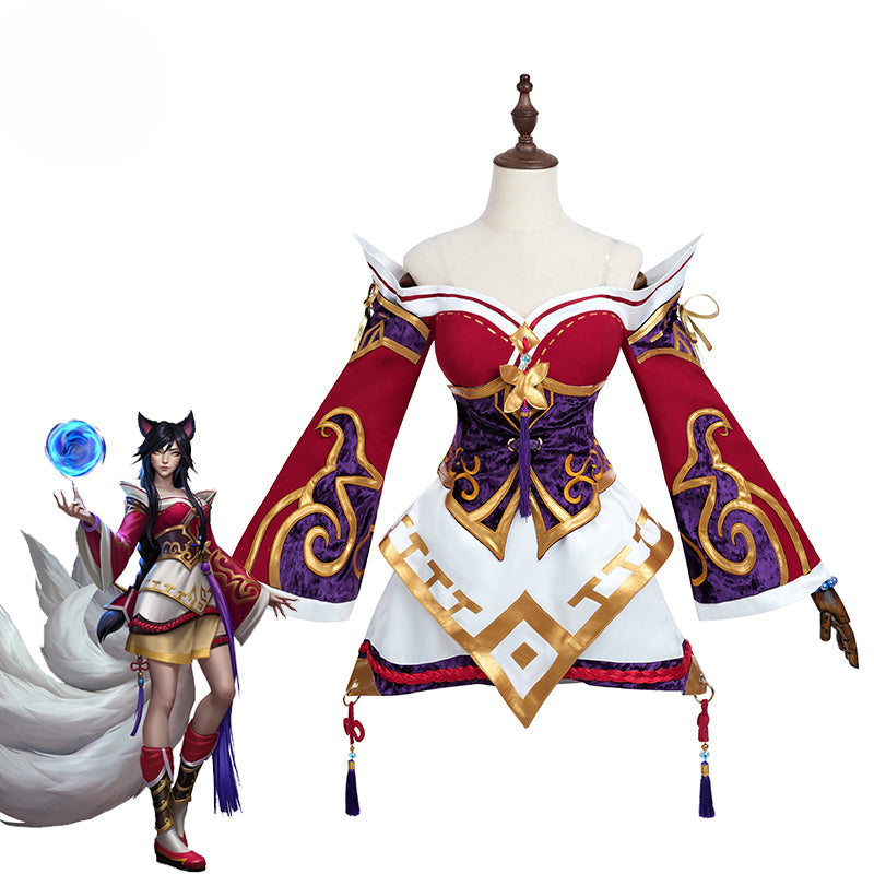 Game Nine-tailed Fox Ahri Cosplay Costume Ahri Cosplay Wig Game  Ahri Costume Women Red Dress Full Set