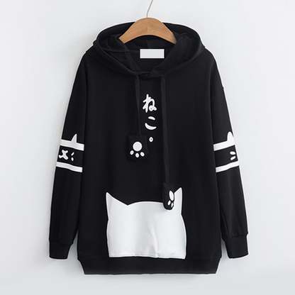 Kawaii Cat Print Paw Drawstrings Hoodie