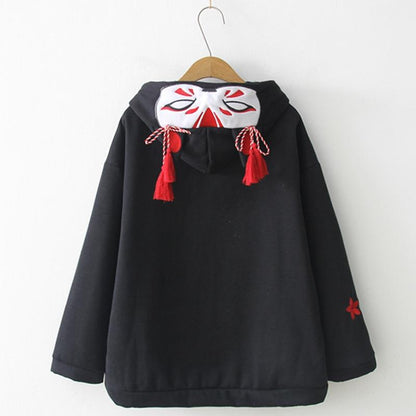 Fox Ghost Face Embroidery Tassels Hoodie