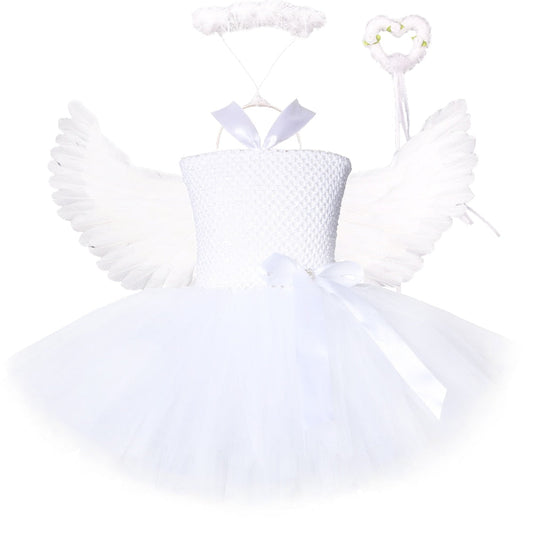 Angel Tutu Costume for Girls Princess Fairy Cosplay Dress with Wings Halloween Costumes for Kids Girl Clothes Outfit 1-14Y