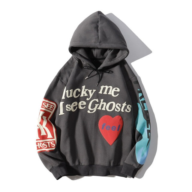 Harajuku Weirdo Graffiti Letter Printed Hoodies Men Lucky Me I See Ghosts Men Hooded Sweatshirt Fleece Pullover Streetwear