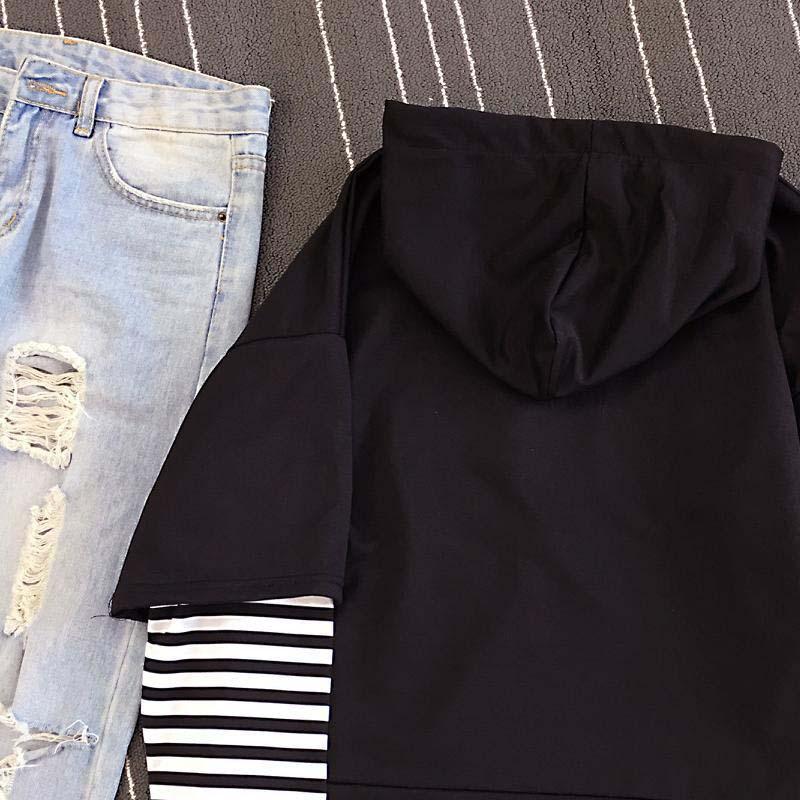 Fake Two-piece Tee Stripe Letter Print Morning Selfie Hoodie