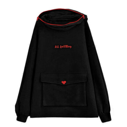 Demon Zipper Pocket Oversized Hoodie LIL HELLBOY Letter Embroidery