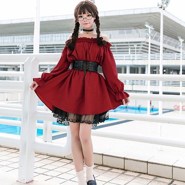 Adult Anime Maid Cosplay Costume Lolita Dress Female Sweet Wine Red Gothic A Sexy Off-the-shoulder Kawaii Party Clothes For Girl