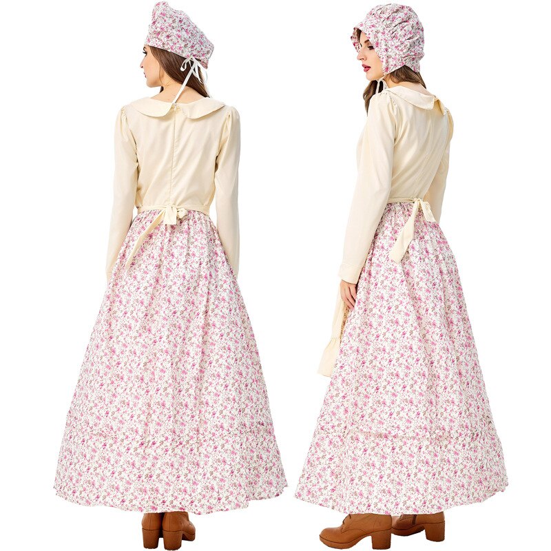 Adult Women Prairie Pioneer Woman Costume Colonial Dress Floral Halloween Purim Carnival Party Cook Maid Costumes