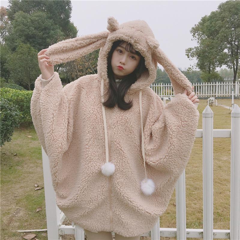 Kawaii Bunny Ears Hoodie Coat - Plush Hooded with Rabbit Ears