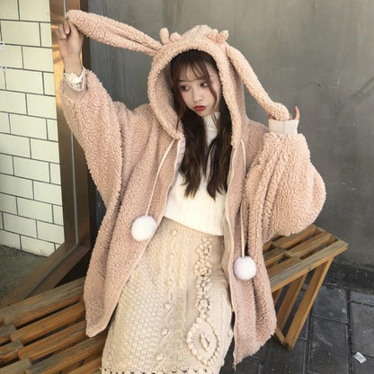 Kawaii Bunny Ears Hoodie Coat - Plush Hooded with Rabbit Ears