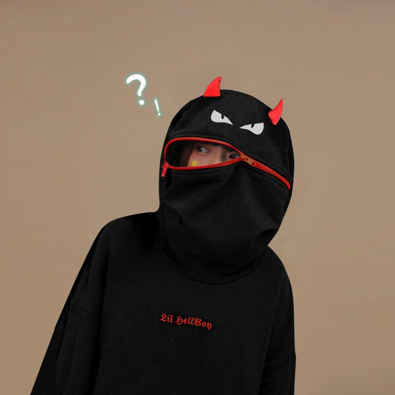 Demon Zipper Pocket Oversized Hoodie LIL HELLBOY Letter Embroidery