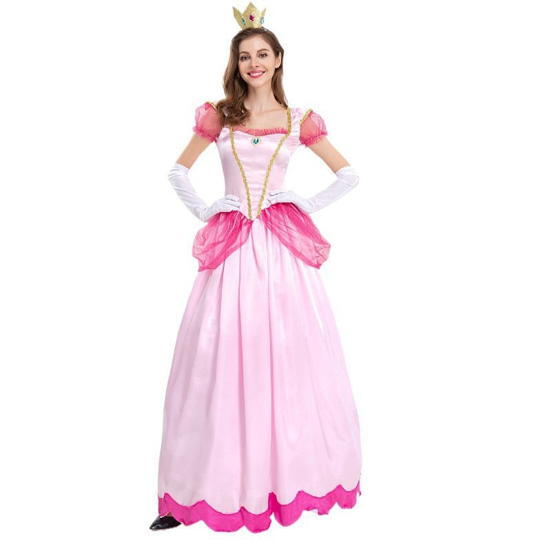 Adult Princess Peach Cosplay Costume Pink Yellow Sweet Dresses for Women Halloween Carnival Party Dress