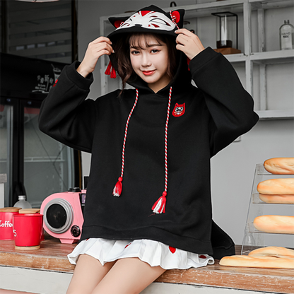 Fox Ghost Face Embroidery Tassels Hoodie