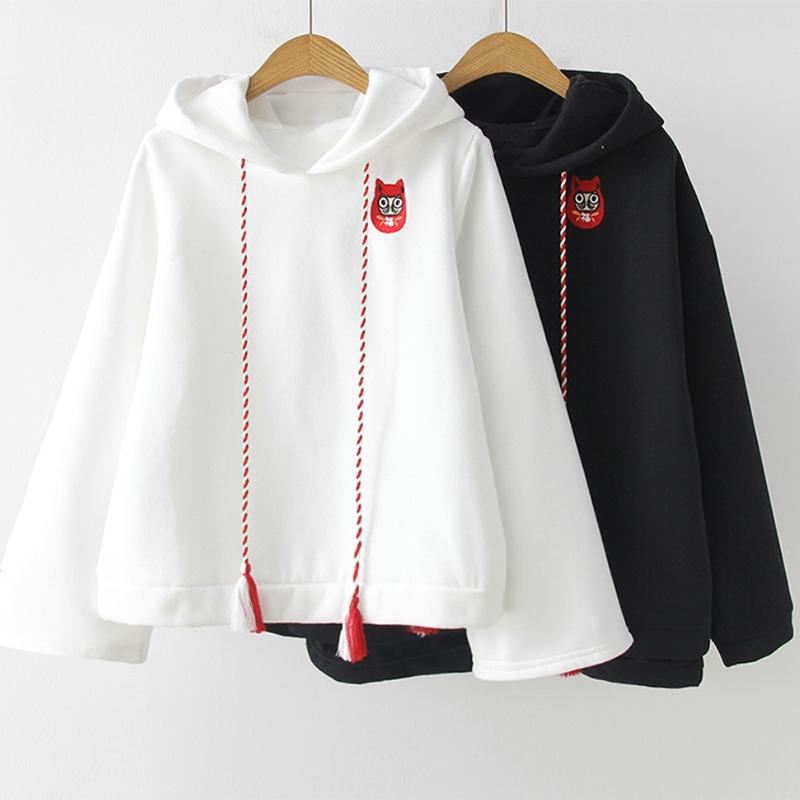 Fox Ghost Face Embroidery Tassels Hoodie