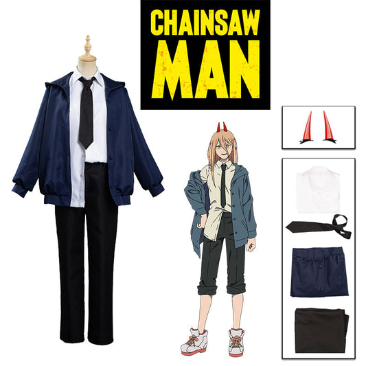 Anime Chainsaw Man Power Cosplay Costume Blue Jacket Uniform Outfit Blood Fiend Devil Women